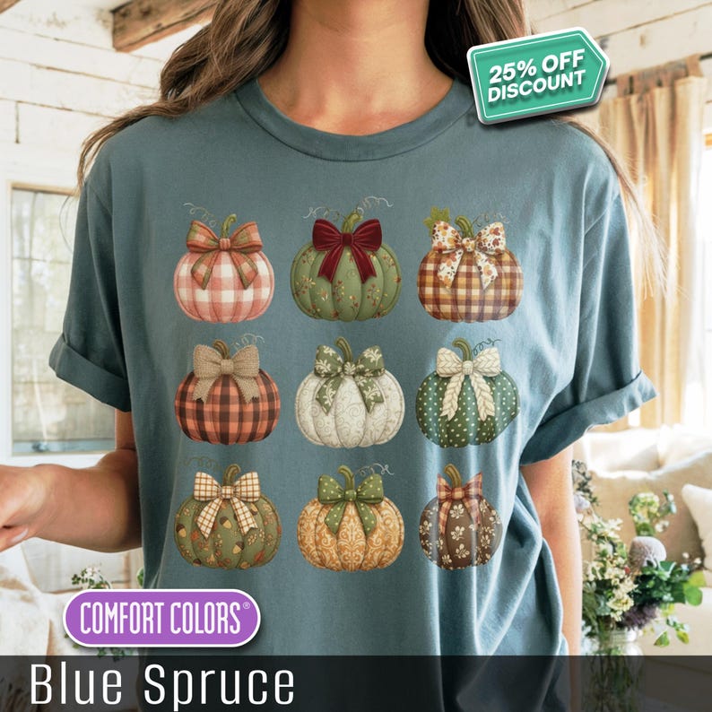 Cute fall pumpkin tshirt, autumn graphic shirt, comfortable tee, blue spruce color, cozy casual wear, seasonal top, trendy gift