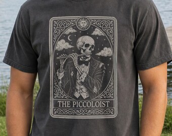 Piccolo Shirt, Male Piccoloist Halloween Gift, Macabre Skeleton Sweater, Men's Woodwind Musician Tee