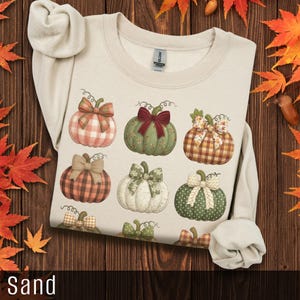 May include: A sand-coloured sweatshirt with a pattern of nine illustrated pumpkins, each with a different bow design. The pumpkins are in shades of orange, green, and white, with plaid and floral patterns. The word "Sand" is at the bottom.