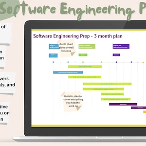 Op de afbeelding: Een laptopscherm toont een 3-maandenplan voor de voorbereiding op software engineering. Het plan omvat een Gantt-diagramtijdlijn en behandelt studie, sollicitatiestrategie en netwerken. De tekst op het scherm luidt "Software Engineering Prep".