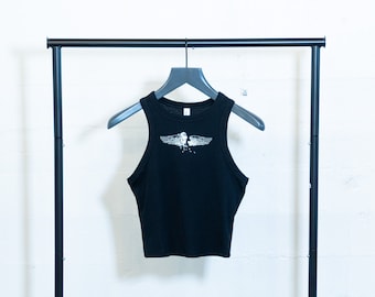 Mewmento Mori micro ribbed crop tank | summer goth | 90s inspired screen print cat skull