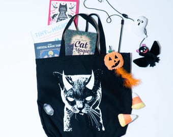 Borsa tote con stampa serigrafica di gatto demone / Borsa da viaggio gotica spettrale di Halloween