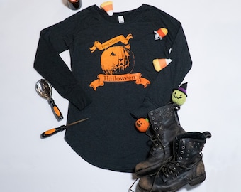 Pumpkin Cat Halloween Tunic Tee: Soft Charcoal Gray Raglan