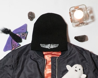 Mewmento Mori Beanie: Embroidered Cat Skull Goth Knit Hat