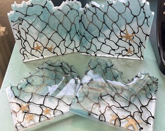 Beachy Fischnetz-Untersetzer-Set, Acryl-Untersetzer, handgemachtes Untersetzer-Set, Einweihungsgeschenk, Geburtstagsgeschenke, Harz-Untersetzer, Hochzeitsgeschenk
