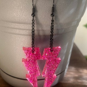 Hot Pink Glitter Lightning Bolt and Black Chain Earrings