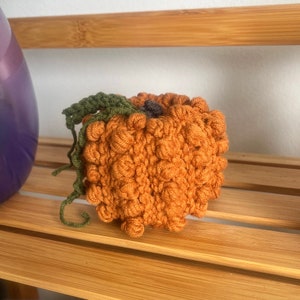 May include: A crocheted pumpkin with a green stem. The pumpkin is made of orange yarn and has a textured surface.