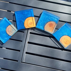 Handmade Wood and Resin Coaster Set, Wavey Blue