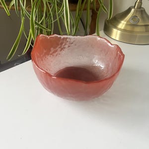 Può includere: Una piccola ciotola rossa, testurizzata, con interno bianco. La ciotola è in vetro e ha una forma leggermente irregolare.