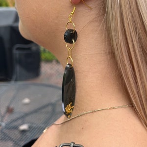 Black and Gold Long Oval Dangling Earrings, Stamped 14ct Gold Plated Jewelry, Handmade