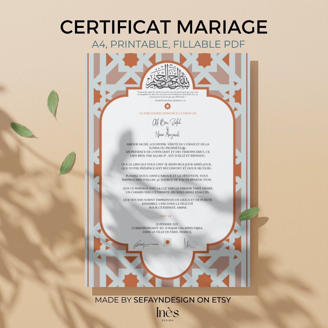 Printable Islamic Marriage Certificate, Digital Download Dini Nikah Belgesi / Printable Marriage ...