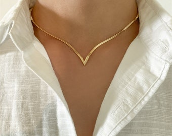 V-Shaped Snake Chain Clavicle Bridesmaid Necklace, Gold/Silver V-neck Flat Chain Necklace, Gift For Her, Anniversary Gift, Mother's Day Gift