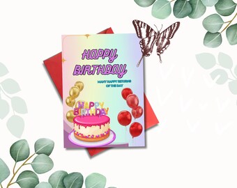 Happy Birthday Card - DIGITAL Download - Printable Birthday Card Featuring Red & Gold Balloons with Cake - Printable Happy Birthday Card