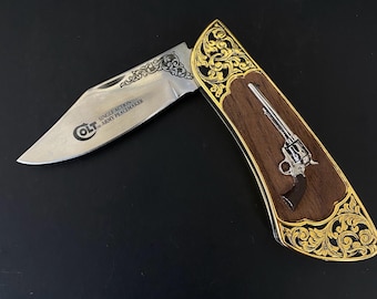 W1083 Vintage Franklin Mint Collector Knife with Original Case / Colt Single Action Army Peacemaker Revolver Knife / Western Collectible