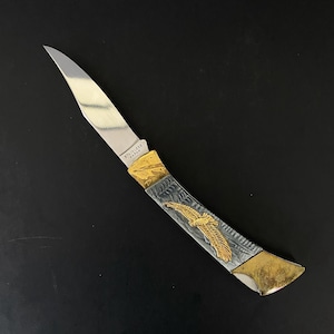May include: A stainless steel folding knife with a silver blade and a handle featuring a gold eagle design. The handle has gold and silver accents. The blade is marked "STAINLESS JAPAN".