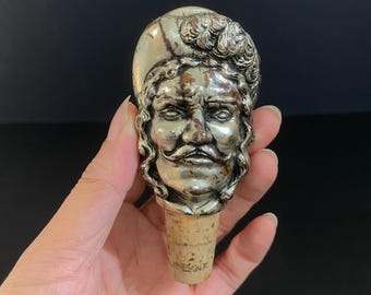W1431 Vintage Figural Bottle Stopper / Turkish Sultan Wine Cork / Ornate Barware Decanter Stopper / Silver Tone Genie Head Bottle Cork