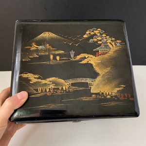 W0113 Antique Asian Black Lacquer Gilt Boxes Figural /inlaid mother of pearl detail / A black of Interior / wood Lacquer finish/Trinket box