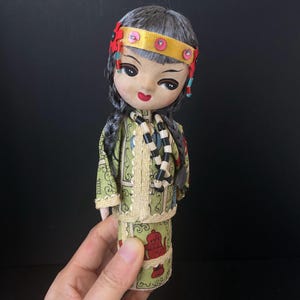 W0864 Vintage Chinese Doll / Asian Girl Doll in Green Ethnic Outfit / Long Braided Hair / Collectible Cultural Doll