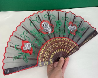 W1322 Abanico de mano vintage estilo español bordado / Abanico con ribete de encaje negro y rojo / Abanico con bordado floral / Abanico plegable para baile