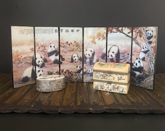 W1268 Vintage Chinese Panda Folding Screen | Giant Panda Mini Table Screen | Asian Bamboo Panda Art Panels | Vintage Chinese Desk Décor