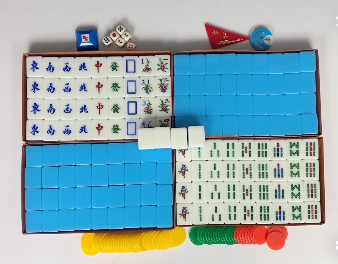 W1039 Vintage Blue & White Mahjong Set – 144 Tiles + 4 Blank + Original ...