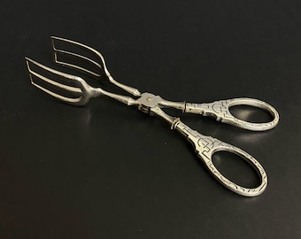 W1038 Antique Silver Handle Cake Tongs / Scissor-Style Pastry Server / Ornate Silver-Plated Handle
