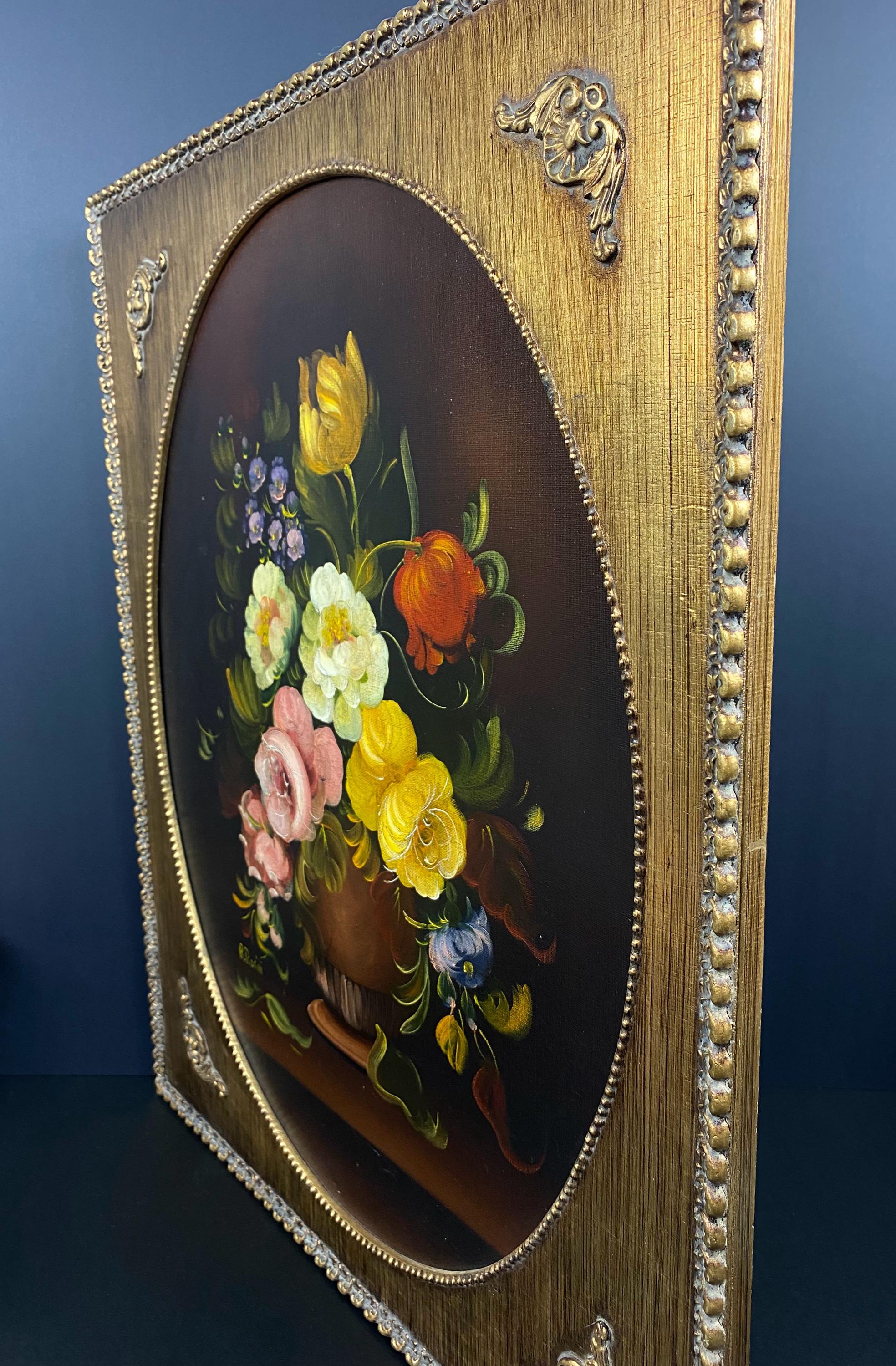 W0541 Vintage R.rosini Painting Baroque Flower Still Life 1950s on