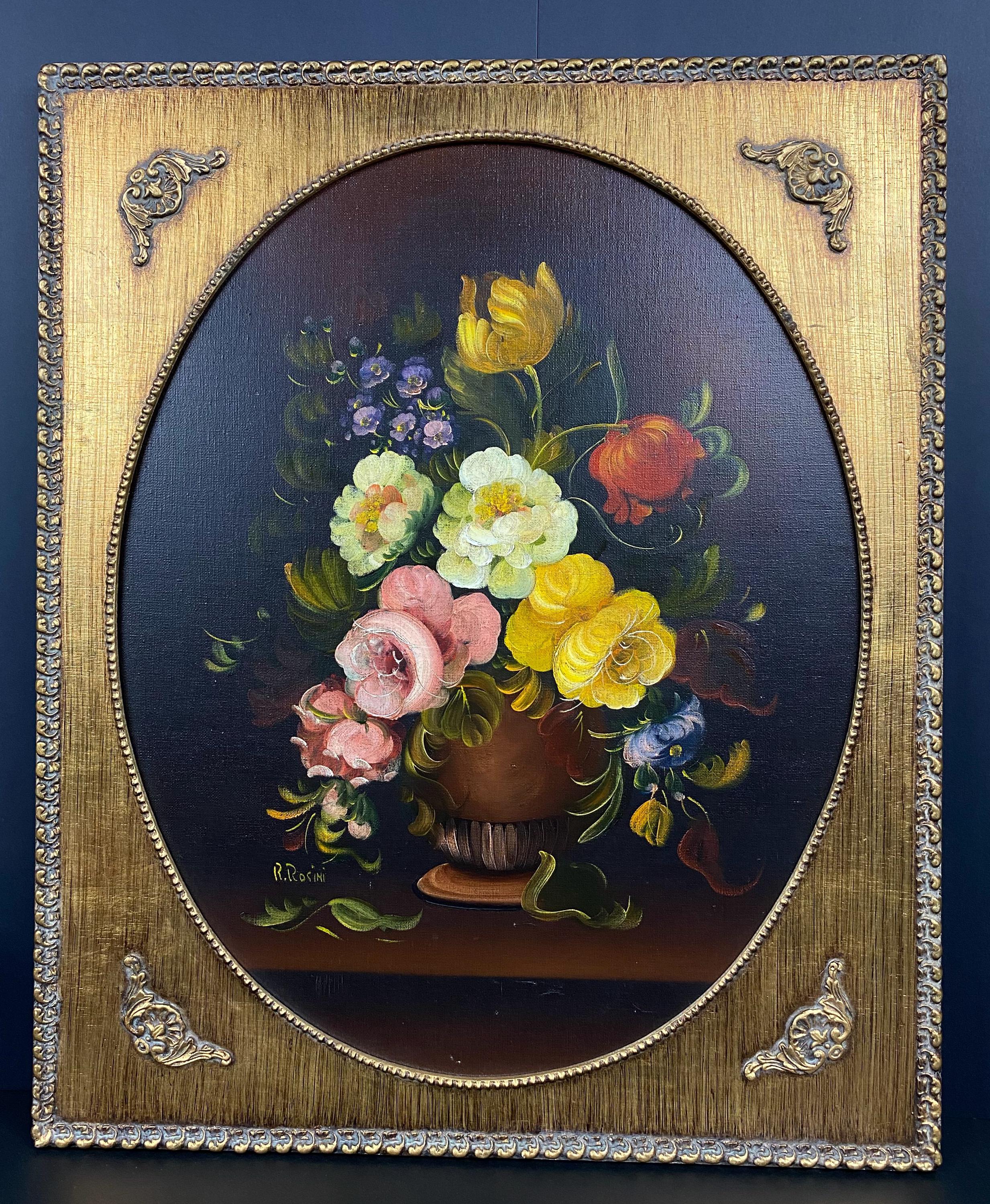 W0541 Vintage R.rosini Painting Baroque Flower Still Life 1950s on