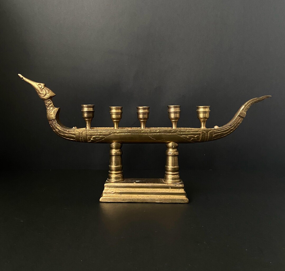 W0598 Vintage Solid Brass Dragon Boat Candle Holder/ Dragon