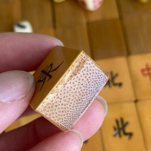 May include: A close-up of a tan Mahjong tile with black Chinese characters. The tile has a textured surface and is held by a person. Other tiles and dice are visible in the background.