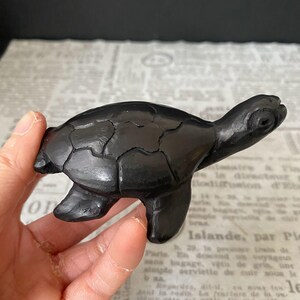 Peut inclure: Une sculpture de tortue en obsidienne noire. La tortue est sculptée avec des détails de carapace et a une finition lisse et polie.