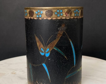W0625 Rear Antique MEIJI Period Chinese Cloisonné Black original 1900s Brush Pen Holder/Black blue Florid Cloisonné Vase