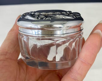 アンティークのスターリングシルバーの蓋付きヘアケア用品、コットン 
