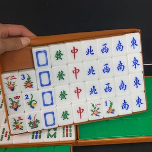May include: A collection of white Mahjong tiles, each bearing Chinese characters and symbols, presented in a brown case. The tiles showcase diverse designs, including floral patterns, numbers, and directional markers. Some tiles are visible, while others are in the background.