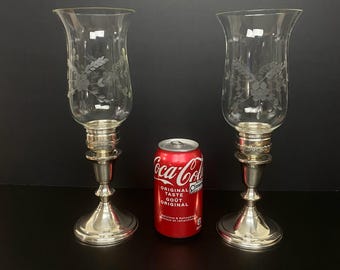 W1427 Vintage Sterling Silver Weighted Reinforced Candle Holders / Towle Sterling Hurricane Candlesticks / Etched Glass Shades / Pair