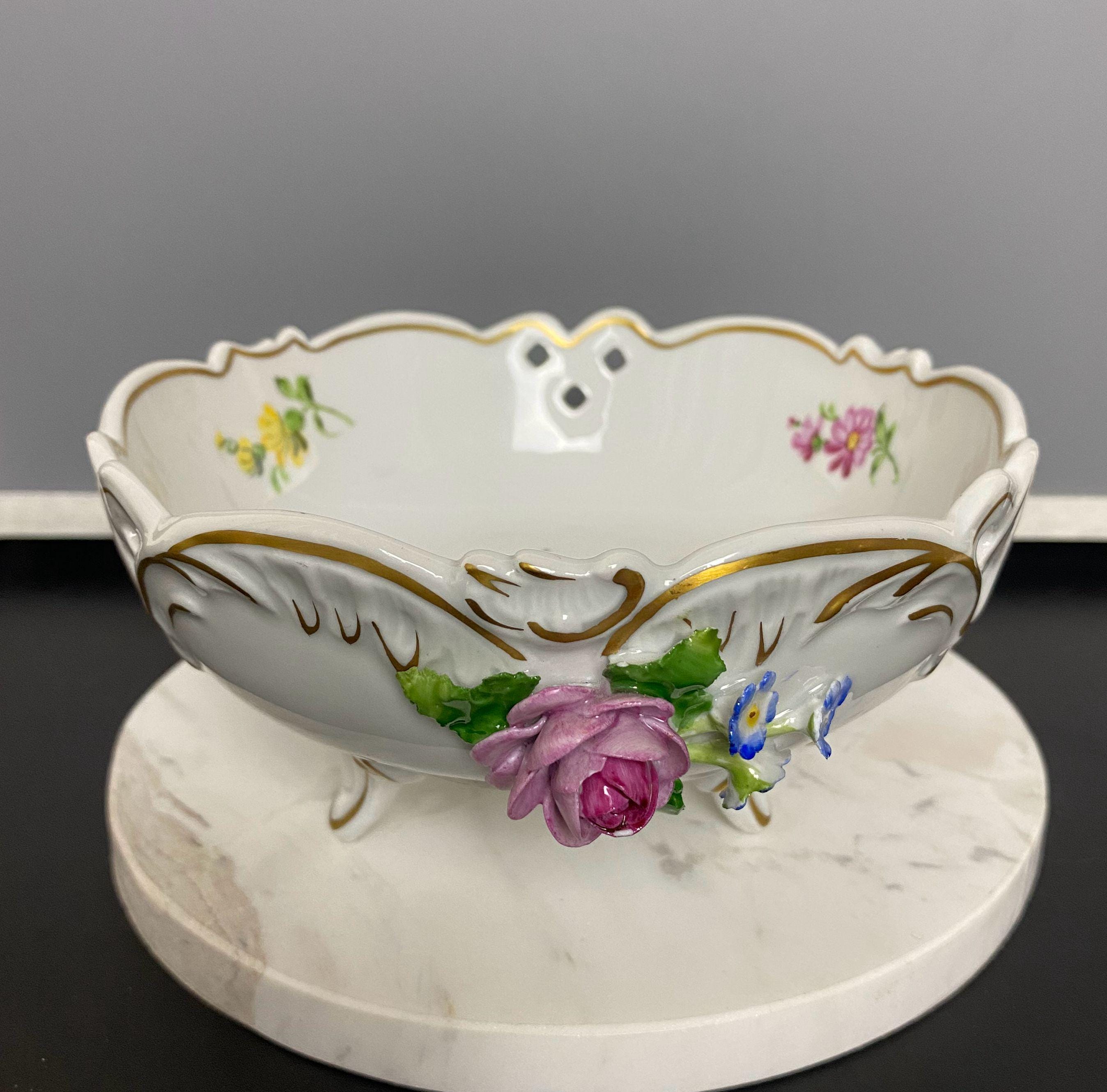 W0417 Vintage Von Schierholz Hand-painted Porcelain Footed Bowl