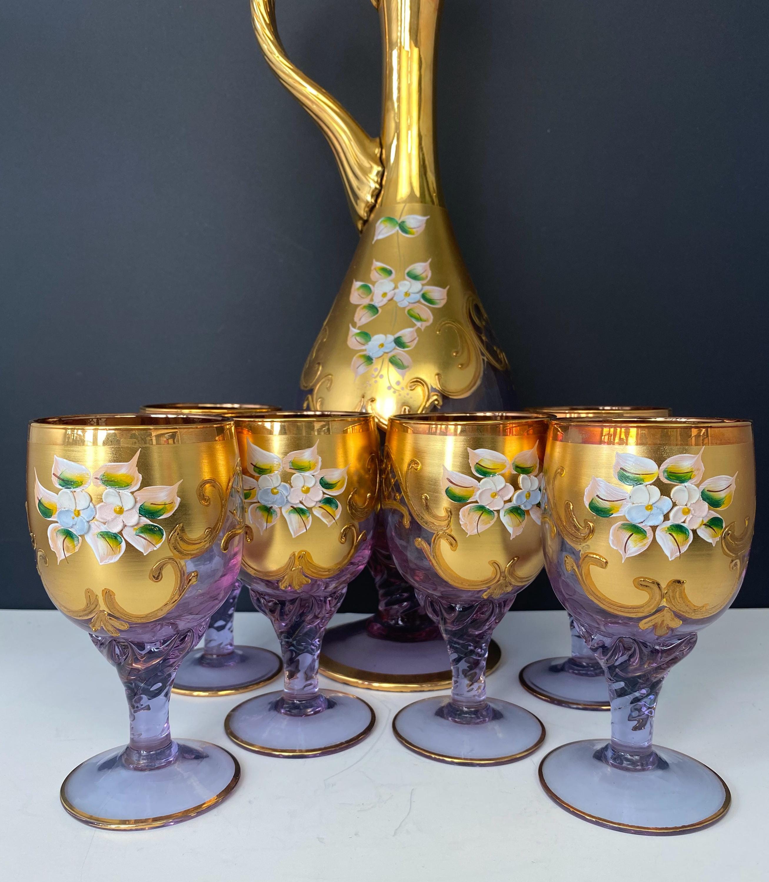 W0455 Vintage Murano Glass Decanter & Wine Glasses Set – Floral