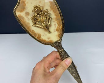 Vintage Gold Tone Yellow Hairbrush With Floral Design  display picture 1