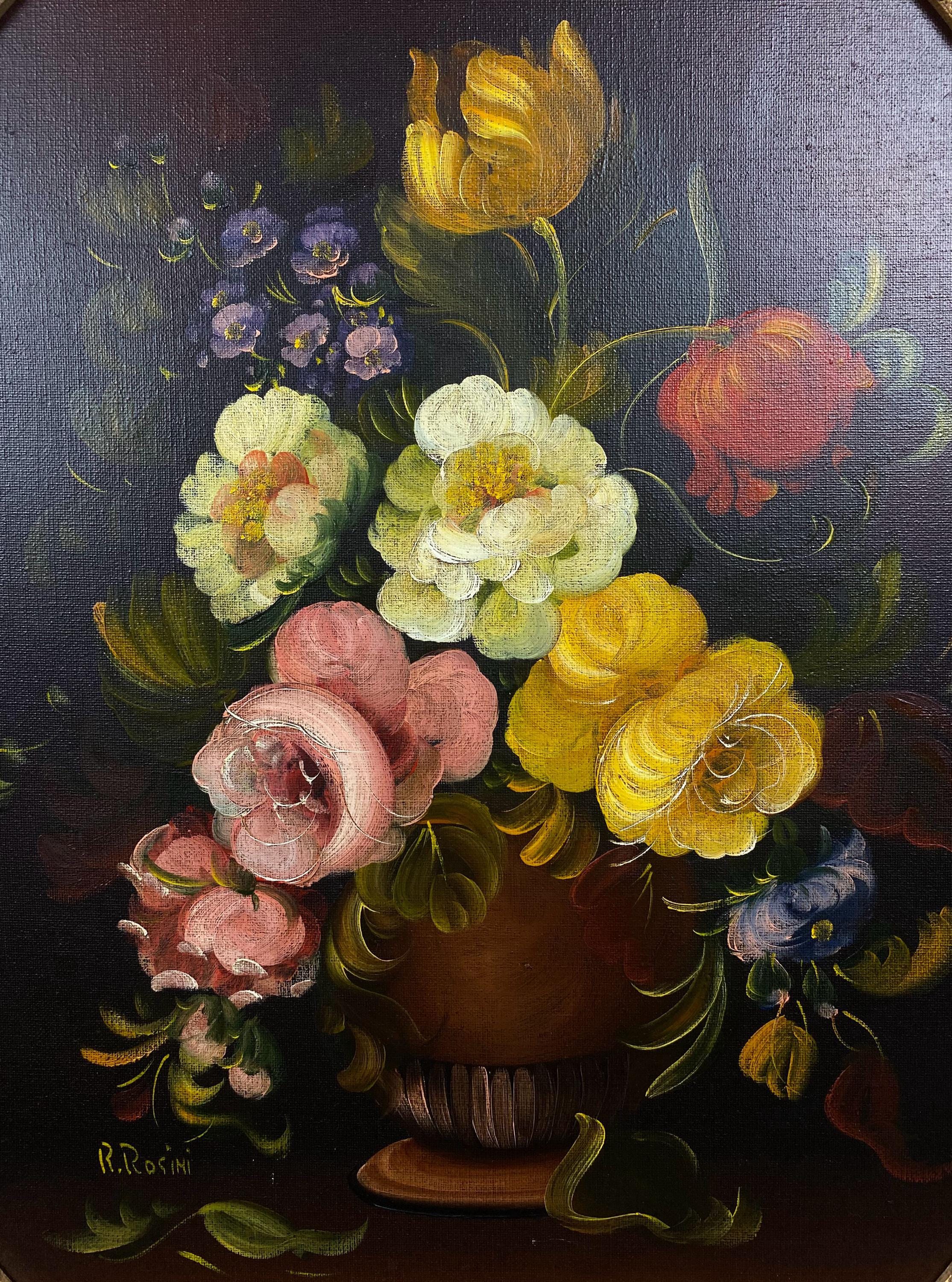 R. Rosini サイン入り 油彩画 花の静物 額装 F4号 インテリア W0541