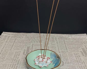 W1412 Vintage Lotus Incense Holder Dish, Celadon Glaze Ceramic Incense Burner, Handcrafted Floral Incense Tray, Asian Zen Decor Bowl