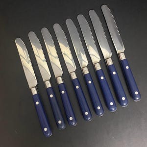 Puede incluir: Conjunto de ocho cuchillos de mantequilla de acero inoxidable con hojas dentadas y mangos azul marino. Cada cuchillo tiene una virola plateada y un punto blanco en el mango. Los cuchillos están sobre una superficie negra.