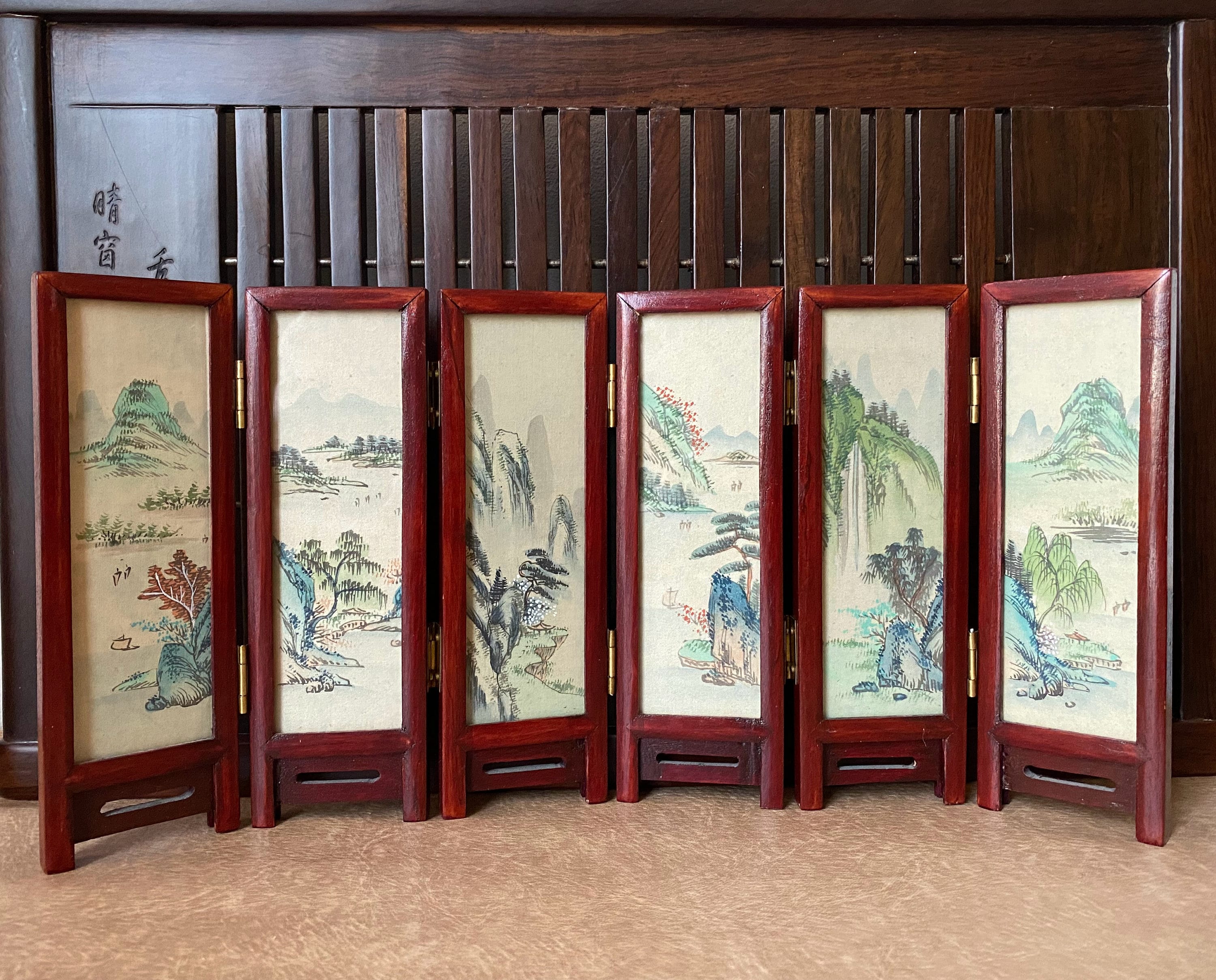 木製 屏風 W0028 Vintage/tabletop/chinese Hand-painted / Double-sided Wooden