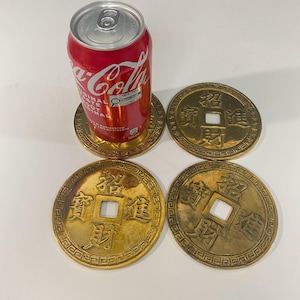 W1435 Set of 4 Solid Brass Feng Shui Coin Coasters /Oversized Lucky Coin /Vintage Asian Décor / Heavy Brass Drink Coasters/brass paperweight