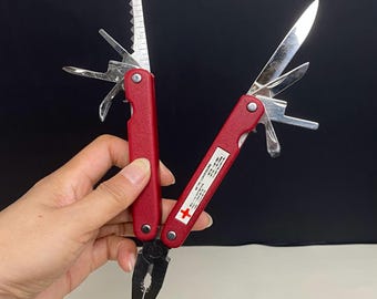 W1467 Vintage Swiss Army Style Multi Tool Pliers, Red Folding Pocket Tool with Nylon Pouch, Stainless Steel Camping Tool, Utility Knife
