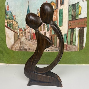 W1037 Vintage Solid Acacia Wood Love Couple Kissing Sculpture / Hand-Carved Wood Art / 11” Tall Romantic Figurine
