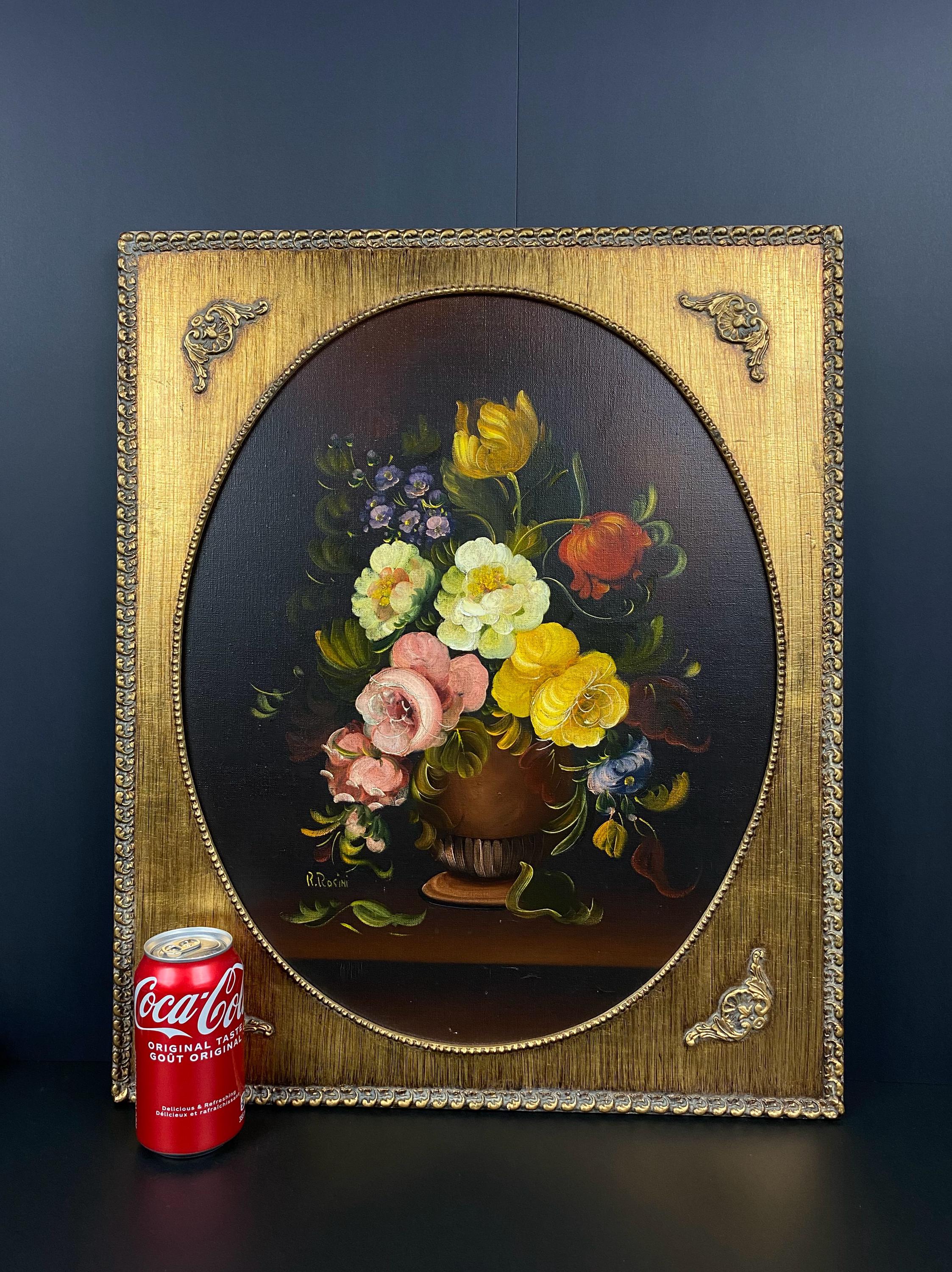 W0541 ヴィンテージ R.Rosini 絵画 バロック花静物画 1950 年代
