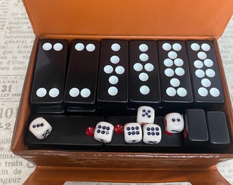 W1443 Vintage Chinese Pai Gow Tiles Set with 5 Dice, Traditional Chinese Gambling Game, Bakelite Style Black Tiles