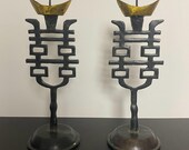 W0450 Antique A Pair of Ming-Qing Folk  Gold-Ingot Shaped "Double Happiness" Solid Brass Candle Holders/Dark Green Painted Double Happiness
