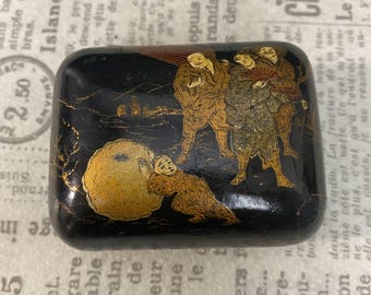 W1023  Antique Asian Black Lacquer Trinket Box | Hand Painted Gilt Figure Scene | Red Interior | Antique Oriental Decorative Box