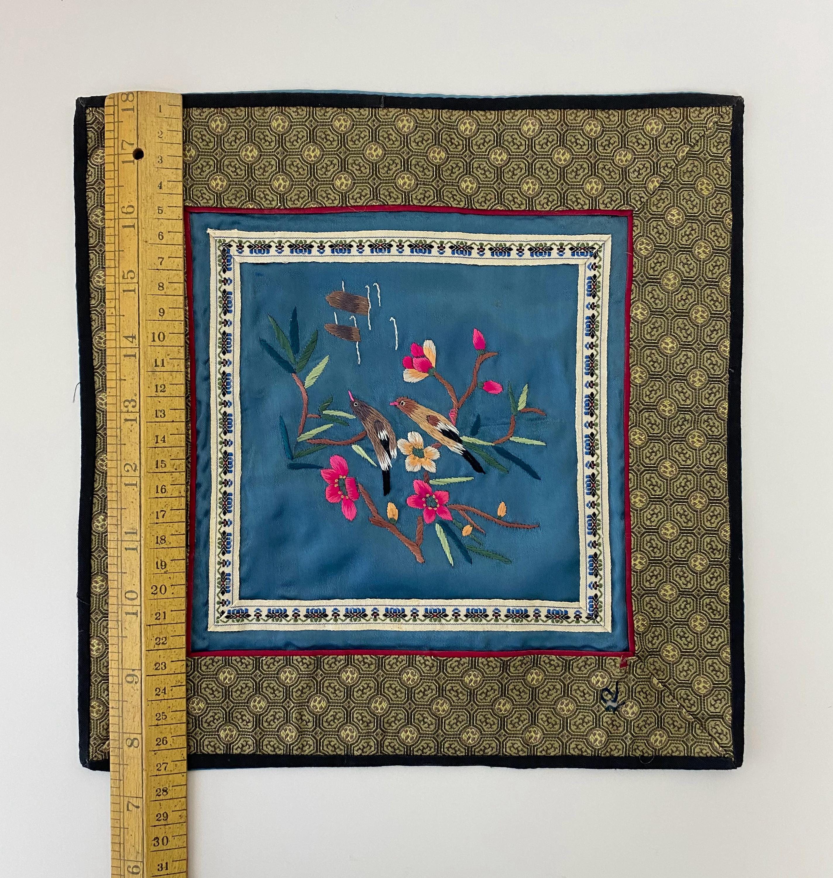 W0777 ヴィンテージ中国製ハンドメイドブルーシルク刺繍/フラワー